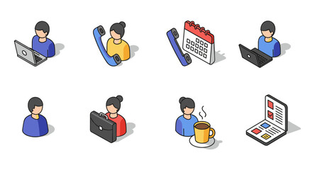 Isometric office icons: teamwork, technology, and communication elements