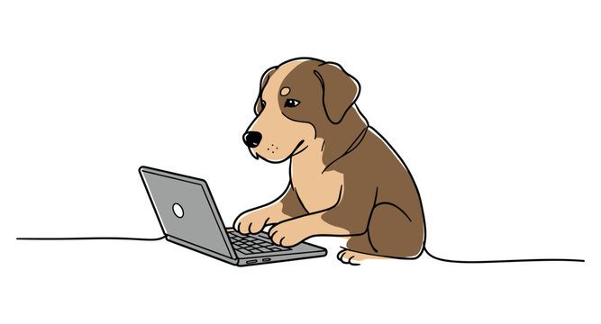 Cute dog using laptop in hand drawn style cartoon animal with computer
