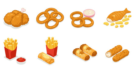 Delicious fast food collection featuring fried chicken, onion rings, and more