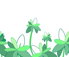 A border or seamless background with leaves, flowers, and twigs. A botanical decor with curls in various shades of green. Vector.