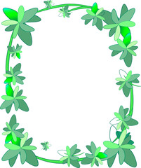 A frame or background with leaves, flowers, and twigs. A botanical decor with curls in various shades of green. Vector.