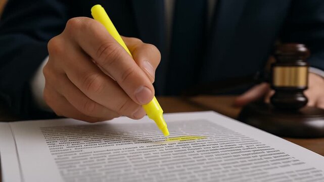 law restriction policy concept. Hand highlighting text on a legal document with a gavel nearby.