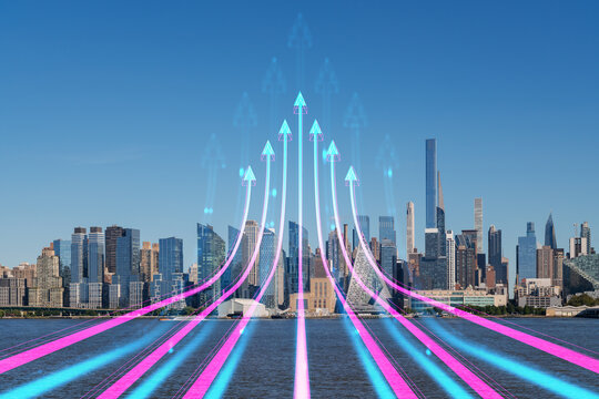 Futuristic concept of business growth with glowing arrows rising over Manhattan skyline, NYC, USA, symbolizing innovation and technology progress.