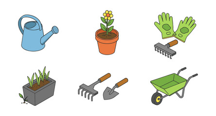 Gardening tools and plants in simple colorful design for diy enthusiasts