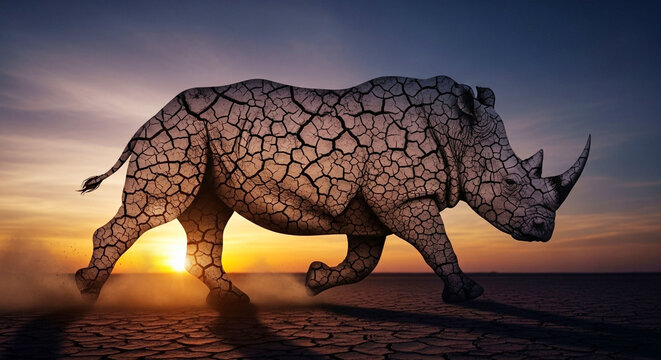 Cracked Earth Rhino Running at Sunset on Dry Land; Climate Change & Drought Concept