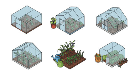 Fototapeta premium Isometric greenhouses and garden setup with plants and gardening tools
