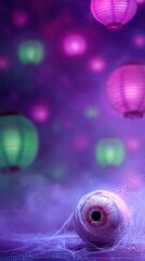 A spooky Halloween scene featuring a large eyeball surrounded by colorful lanterns. The background is misty with purple and green hues, creating an eerie atmosphere.