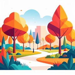 Abstract Park Landscape with Colorful Trees and Winding Path on White Background