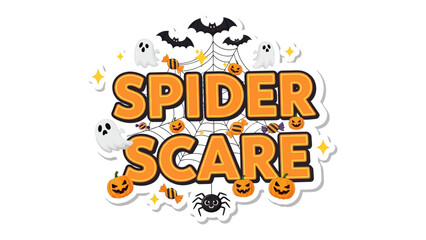 Spider Scare Illustration: A whimsical illustration with orange text spelling 'Spider Scare' features Halloween themed elements, including spiders, bats, ghosts, pumpkins and candies.
