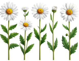 Set of English Daisy Flowers in Various Bloom Stages, Isolated on Transparent Backgro 