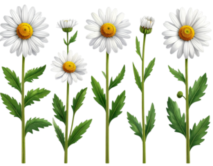 Set of English Daisy Flowers in Various Bloom Stages, Isolated on Transparent Backgro 
