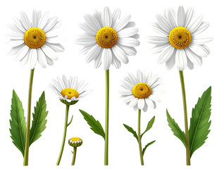 Set of English Daisy Flowers in Various Bloom Stages, Isolated on Transparent Backgro 