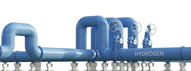 Blue hydrogen pipeline infrastructure, isolated on transparent background. 3D illustration