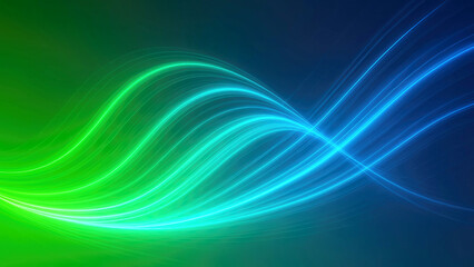 Flowing Neon Light Waves in Green and Blue Against Dark Background abstract