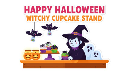 Happy Halloween Witchy Cupcake Stand: Charming illustration of a witch-themed cupcake stand, perfect for Halloween celebrations. 