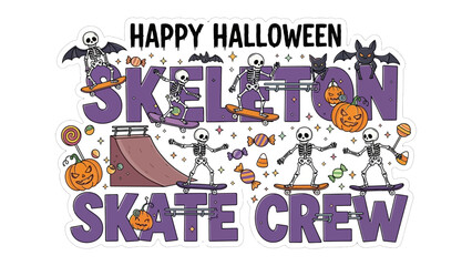 Halloween Skate Crew Celebration: A whimsical scene of skeleton skaters, celebrating Halloween with pumpkins, treats, and a skate ramp, all set against a vibrant backdrop, embodies fun and festivity.