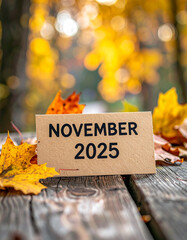 Cardboard label with handwritten text NOVEMBER 2025 on textured wooden surface, dry fall leaves