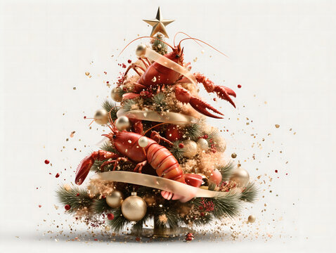 Crayfish make up the Christmas tree, delicious food, product displays and promotions, Merry Christmas - Powered by Adobe