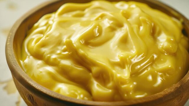 Video clip A wooden bowl filled with melted cheese and tangy sauce, perfect for snacking or serving at a party