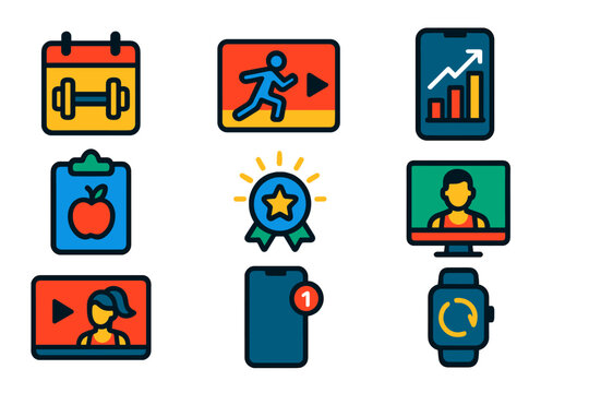 Vibrant Fitness Icons. Flat vector icons of fitness apps: workout calendar, exercise video, mobile progress chart, meal log, daily