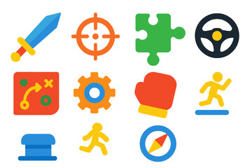 Game Genre Icons. Flat vector icons of game genres: RPG sword, FPS crosshair, puzzle piece, racing wheel, strategy map, simulation