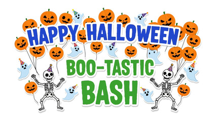 Spooktacular Halloween Bash: A playful and vibrant Halloween illustration featuring a gathering of pumpkins, ghosts, and skeletons, all united to celebrate a Boo-tastic Bash.