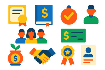 Scholarship Icons Set. Flat vector icons of scholarship programs: award certificate, scholarship book, application badge,