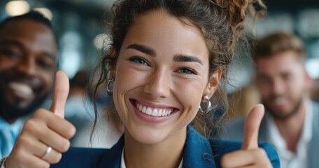 a group of business people in an office setting, all giving thumbs up and smiling for the camera with their hands raised
