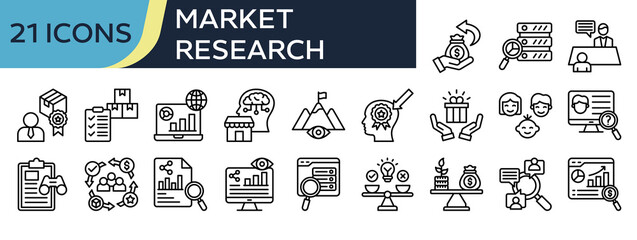 Collection of Market Research icons, related to ROI, Data Analysis, Web Analytics, Market Intelligence, Observation and more. Outline icons vector illustation.