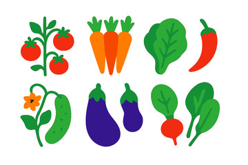 Fototapeta premium Vibrant Vegetable Icons. Flat vector icons of vegetable garden: tomato plant, carrot bunch, lettuce leaf, pepper pod, cucumber