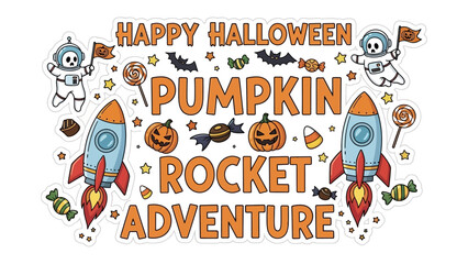 Halloween Pumpkin Rocket Adventure Illustration: A whimsical Halloween illustration featuring rockets, pumpkins, and astronaut figures, evoking the fun and spirit of the holiday.