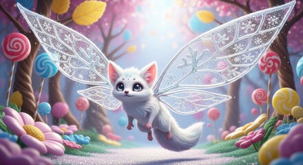 A tiny, fluffy white fox with delicate lace wings floats in a magical forest filled with lollipops and candy flowers