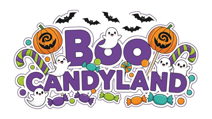 Spooky Candyland: A whimsical illustration of a Halloween-themed Candyland sign, filled with ghosts, bats, candy, and festive pumpkins that will make your party wonderful.