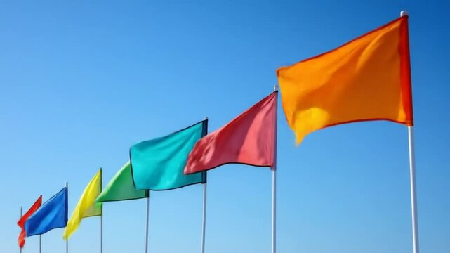 Vibrant colored flags waving against a clear blue sky