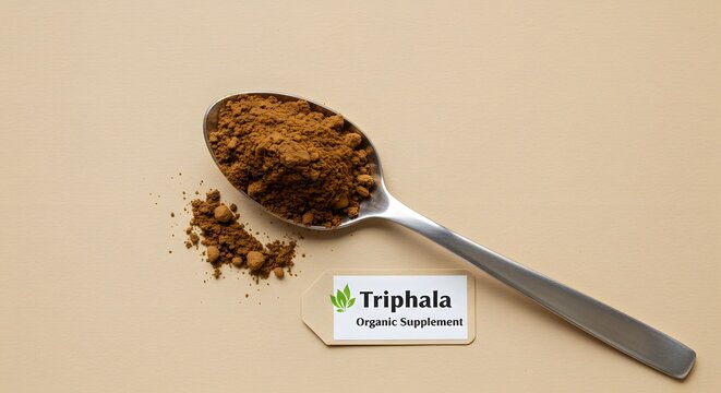 Dried triphala powder in spoon