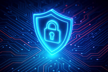 Glowing Blue Shield with Padlock Icon Over Digital Circuit Board Background cybersecurity security