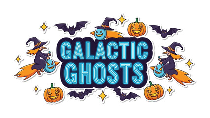 Galactic Ghosts: A whimsical illustration of Halloween decorations, perfect for the spooky season, featuring pumpkins, bats, and witches ready to spook. 