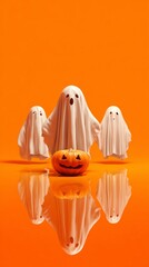 Whimsy and wraiths: a playful halloween dreamscape. Epic poster. Original plot: halloween spirits and pumpkin on a vivid orange background. Blockbuster poster. Blockbuster art.