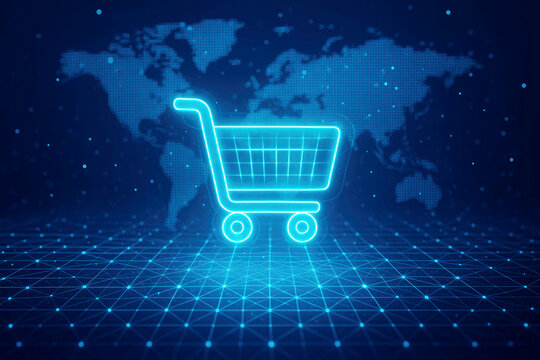 Glowing Neon Shopping Cart Icon Over Digital World Map and Grid Background e-commerce online shopping