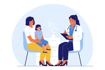Illustration of Consultation with a Pediatrician. Doctor Talking to a Mother and Child in a Clinic for Health Advice