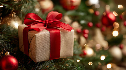 A beautifully wrapped present with a red bow, placed under the Christmas tree.