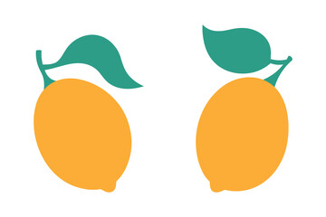 Two yellow fresh lemons. Citrus fruit icon with leaves. Healthy eating concept. Isolated vector illustration on a white background.