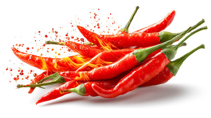 Fiery chili red pepper hot spice flame fresh vegetable spicy food heat cayenne cooking ingredient splash effect. Fiery chili red pepper hot spice blaze sparks convey bold heat and flavor midair