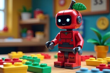 A red robot toy stands on colorful building blocks in a vibrant playroom environment. Cherry Coded