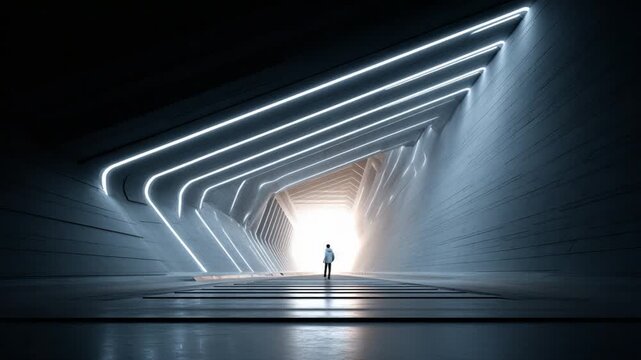Visionary Journey: A lone figure stands at the threshold of a futuristic illuminated tunnel, gazing towards a radiant beacon of light, symbolizing aspiration, exploration.