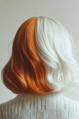 Fototapeta premium Back view of a person with split dyed hair one side orange the other white wearing a textured sweater