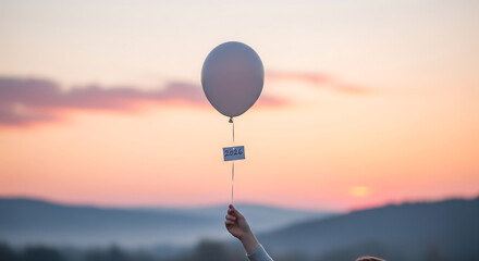 Person releasing the balloon into a colorful sunset sky with 2026 tag