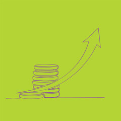 Stacked coins with an upward arrow symbolizing financial growth and economic success in a minimalistic line art style