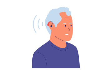 Fototapeta premium Illustration of Hearing Aids and Hearing Loss. Senior Man Successfully Using a Device to Improve Auditory Health