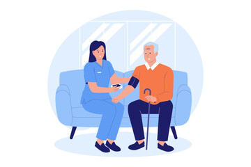 Illustration of Geriatric Check-up and Senior Health. Nurse Checking an Elderly Man's Blood Pressure at Home